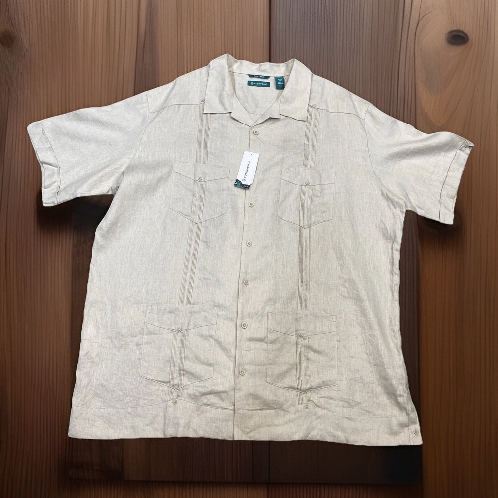 Cubavera Linen Shirt Men's Button 2XLT Button Khaki Pleated Pockets Golf Beach